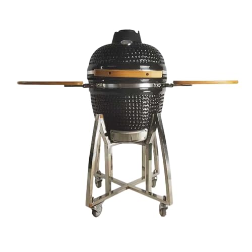 Ceramic Grill, Outdoor BBQ Smoker with Wooden Handle, Stainless Steel Grid Pan for Backyard Camping & Garden Party(A,26in)