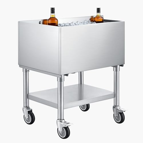 VEVOR Commercial Ice Bin, 65.1 Qt Max Capacity, 24 x 19 x 35 Inch Stainless Steel Ice Chest with Sliding Lid and Bottle Holders, Cooler Cart Cocktail Unit for Bar Restaurant Pub, NSF Certified