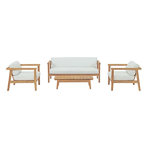 Modway Bayport Outdoor Patio Teak Set: Two Armchairs, Loveseat & Coffee Table Natural White