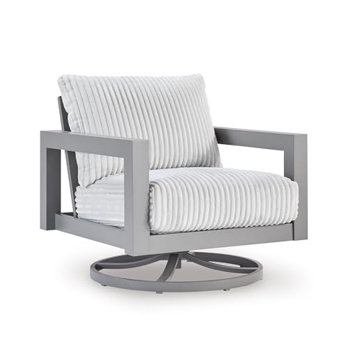 Signature Design by Ashley Moonlight View Contemporary Nuvella Weather Resistant Fabric Outdoor Swivel Chair with Zippered Removable Cushions, Light Gray & Beige