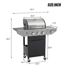 3-Burner Propane Gas Grill with Side Burner, Stainless Steel Outdoor Barbecue Grill with Wheels, Storage Cabinet, Temperature Gauge, for Patio Backyard Camping