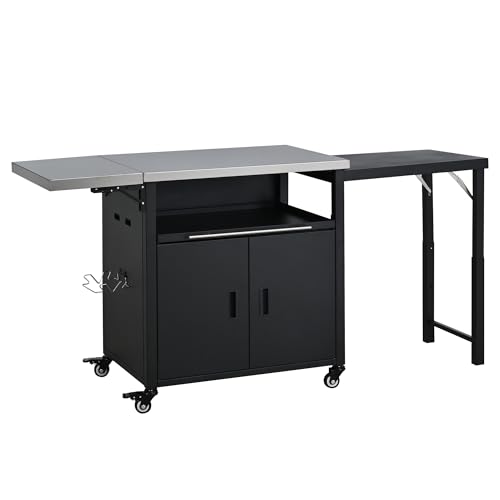 Foldable Outdoor Prep Station BBQ Cart Patio Dining Cart with Trash Rack and Foldable Top Portable Grill Cart with Storage Cabinet and Drawer for Backyard Patio Black