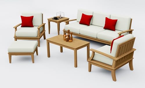 WholesaleTeakFurniture Somer 6 Piece Teak Wood Sofa Set: Sofa, 2 Lounge Chairs, Ottoman, Rectangle Coffee Table & Square Side Table with Cushions in Outdoor Sunbrella Fabric #5404 Canvas Natural