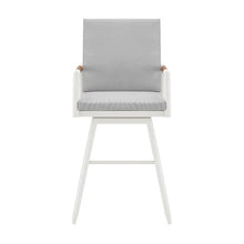 Armen Living Crown Outdoor Patio Swivel Counter Stool in White Aluminum with Wood Accent and Light Gray Cushions