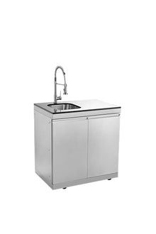 Stainless Steel Outdoor Kitchen Island Sink Cabinet with Double Doors, Tap, Granite Countertop, 304 Basin, Drainer, Wheels, Adjustable Legs for Patio Garden Barbecue Prep Storage Station (Silver)
