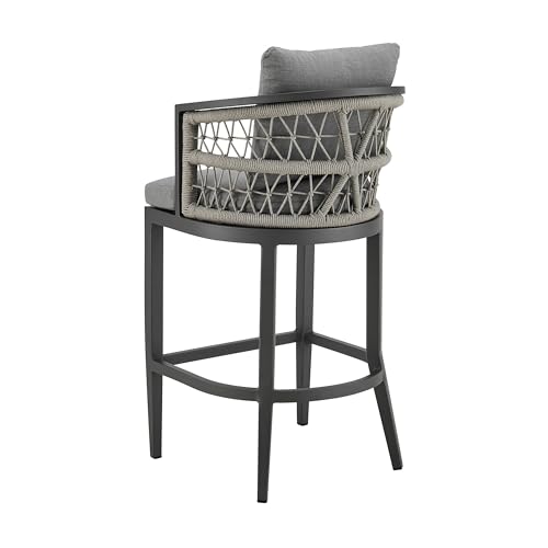 Benzara Hosa 30 Inch Outdoor Patio Barstool Chair Gray Aluminum Woven Rope Grey