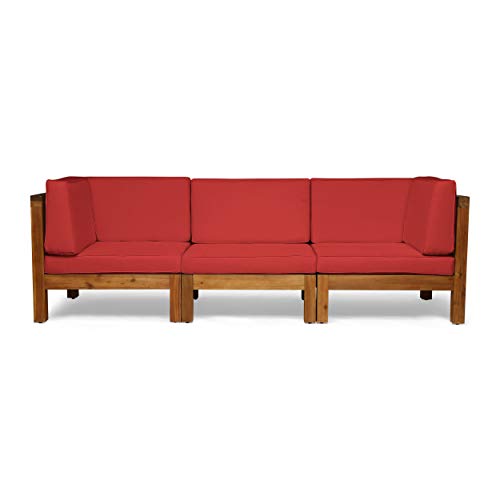 GDFStudio Outdoor Sectional Sofa Set | 3-Seater | Acacia Wood | Water-Resistant Cushions | Teak and Red