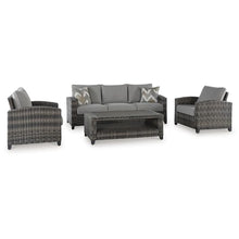 Signature Design by Ashley Oasis Court Outdoor Sofa Chair Table Set 4-Piece with Cushions and Pillows Grey