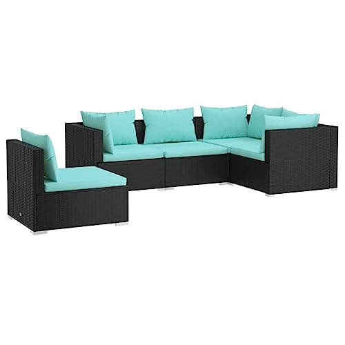 KPOUTRFG 5-Piece Garden Lounge Set in Black and Water Blue for Patio Outdoor Seating with Weather Resistant Materials