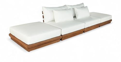 Meridian Furniture 111White-S4C Mirella Collection Modern | Contemporary Outdoor Patio 4pc. Modular Sofa with Solid Teak Frame, Water Resistant Fabric, 148" W x 38" D x 27" H, White