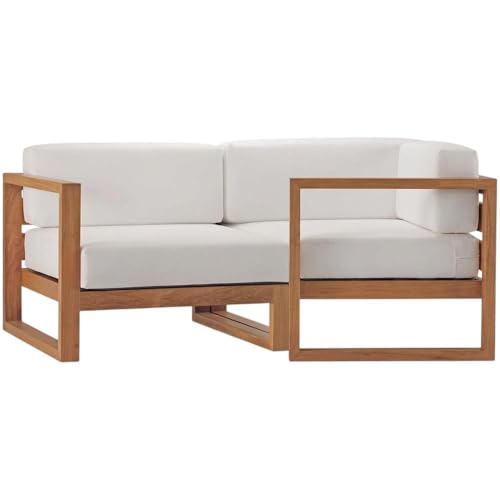 Outdoor Escape White 2-Piece Patio Teak Wood Sectional Sofa Loveseat, Armrests, Durable, Stylish, Garden, Yard, Backyard Seating