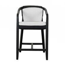 Benzara 25 Inch Outdoor Counter Stool Chair Woven Olefin Fabric Teak Black and Gray