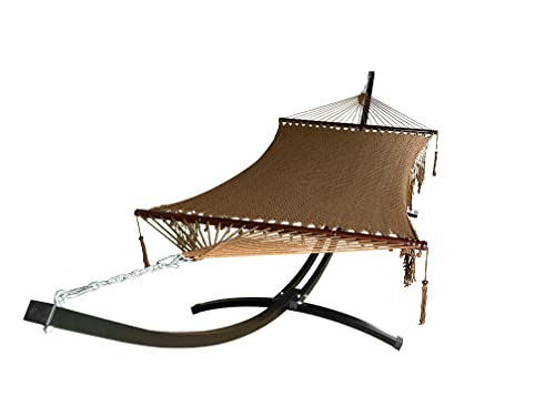 Petra Leisure 15 Ft. Indoor/Outdoor Heavy Duty Black Steel Arc Hammock Stand + Deluxe Hand Woven 2 Person Brown Bohemian Chic Rope Hammock Bed. 450Lb Capacity.