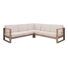 Linon Silas Natural Eucalyptus Outdoor Three Piece Sectional Sofa with Removable Weather Resistant Beige Cushions