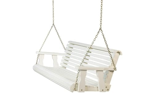 Amish Casual Heavy Duty 700 Lb Capacity Porch Swing (5 Foot, Semi-Solid White Stain) – Wooden Outdoor Roll Back Swing with Hanging Chains – Amish Made in the USA