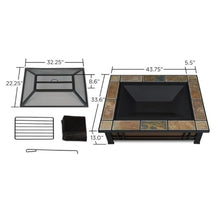 Bowery Hill Rectangle Wood Burning Fire Pit, Natural Slate Tile, 13" H x 33.6" W x 43.75" D, Heat Resistant Powder Coated Steel, Includes Spark Screen, Log Poker, Grate, Protective Cover, Outdoor