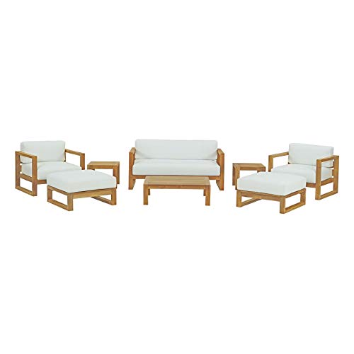 Modern Contemporary Outdoor Patio Balcony Lounge Chair, Sofa and Table Set, Wood, White Natural