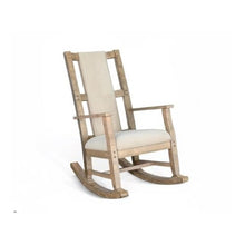 Pemberly Row Mahogany Rocking Chair with Cushioned Seat and Back, Studded Accents, Smooth Rocking Motion, Beige