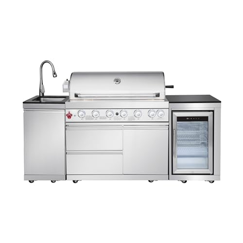 Outdoor Kitchen Island with Built in Grill, 6 Burner 83500 BTU Stainless Steel Gas Barbecue Island, Patio Cooking Station with Sink & Wine Cooler, Built In Grill Island for Backyard (Silver)