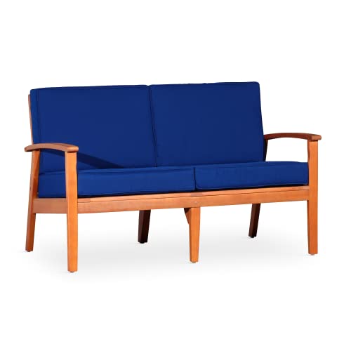 Eucalyptus Loveseat with Cushions - Comfortable Outdoor Seating for Patio, Garden - Natural Oil Finish, Navy Cushions
