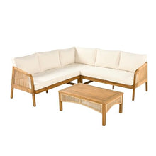 Merax 4-Pieces Outdoor Acacia Wood Patio Sectional Sofa Set, L Shape Couch with Coffee Table, Deep Seating with Soft Cushion, for Garden, Teak+ Beige