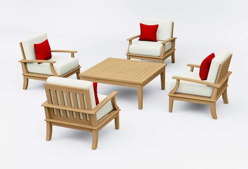 WholesaleTeak Teak Wood 5 Pc Lounge Chair Set: 4 Lounge Chairs & Square Coffee Table with Cushions in Outdoor Fabric #5404 Canvas Natural