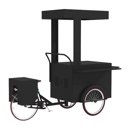 TT-YEL Large Capacity Flower Display Stand with Large Storage Box, Three Wheel Flower Cart, Mobile Market Stall, Heavy Duty Iron Outdoor Food Cart, Fast Food Truck with Canopy Roof,Black