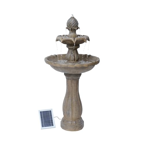 XBrand 44" Solar Powered Outdoor 2-Tier Cascading Water Fountain, Fiberglass Resin Garden & Patio Solar Fountain, Beige
