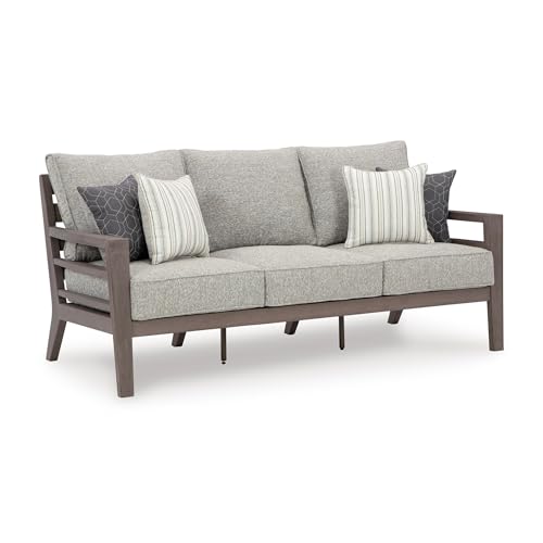 Signature Design by Ashley Hillside Barn Outdoor Sofa with Cushion, Heavyweight Weatherwood All-Weather Frame, Engineered Resin Polymer Wood-Look, Nuvella+ UV-Resistant Fabric for Patios, Gray/Brown