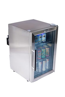 Mont Alpi Premium 27"H x 18.5"D x 17.5"D Stainless Steel All Weather Outdoor Refrigerator 2.7 cu. ft. Glass Door Fridge with Temperature Control + Lockable Door + Adjustable Shelves + Blue Lighting