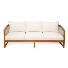 Christopher Knight Home Catania Acacia Wood Outdoor 3 Seater Sofa with Cushions, Wooden Patio Sofa Couch with Cushion, Comfy Garden Cloud Sofa Couch with Textilene Armrest, Teak+ Beige