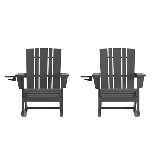 Flash Furniture Halifax Adirondack Rocking Chairs with Cup Holder, Weather Resistant Poly Resin Adirondack Rocking Chairs, Set of 2, Gray