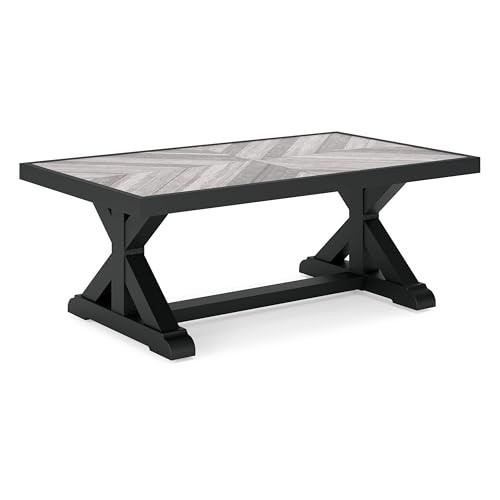 Benjara BM315959 Tira 48 Inch Outdoor Coffee Table, Tile Top, Light Finish, Black and Gray