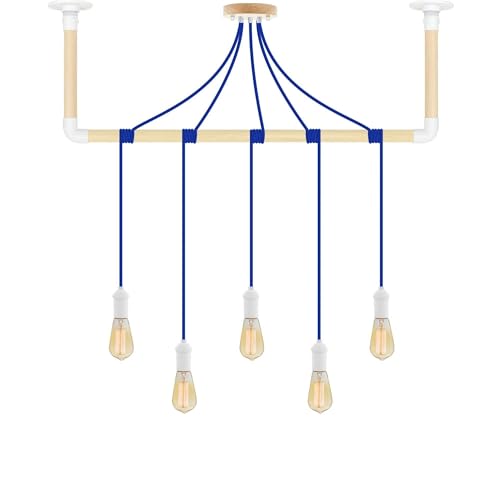 Natural Wood and White Pendant Light Pipe Wrap - Blue and White Pendant Lights with Hanging Pipe Bracket - Hangout Lighting - 5 Pendants
