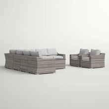 Homyee 10-piece Conversation Set with Grey Cushions for Backyard, Lawn, Outdoor Wicker Furniture Set with Sturdy Aluminum Frame and Slatted Square Coffee Table for Poolside