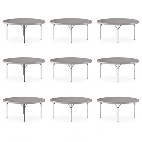 SHADOW TRADE 72 Inch Gray Round Folding Table, Heavy Duty Plastic Banquet Table with Gray Steel Legs, Blow Molded Portable Dining Table for Events, Parties, Catering, Indoor Outdoor Use (Set 9 Pack)