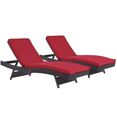 Modway Convene Wicker Rattan Outdoor Patio Chaise Lounge Chairs Set of 2 Red