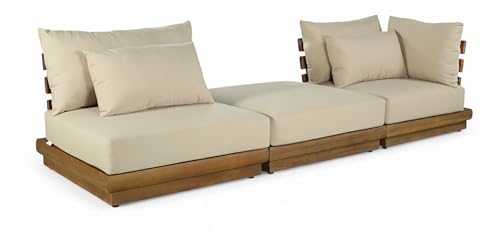 Meridian Furniture 111Tan-S3D Mirella Collection Modern | Contemporary Outdoor Patio 3pc. Modular Sofa with Solid Teak Frame, Water Resistant Fabric, 112" W x 38" D x 27" H, Tan