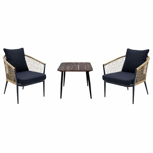 Alpine Corporation VTFAM166A 3-Piece Outdoor Patio Bistro Set – Wooden Accent Table & 2 Wicker Armchairs with Seat & Back Cushions – Modern Indoor/Outdoor Conversation Set, Natural & Black