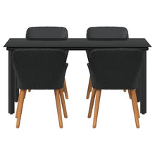 hliofuir 5 Piece Garden Dining Set with Cushions, Black Poly Rattan Patio Furniture Set for 4, Modern Wicker Dining Table and Chairs with Tempered Glass for Backyard and Terrace