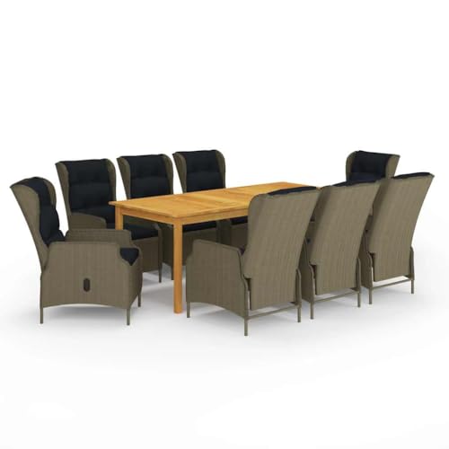 WHOPBXGAD 9 Piece Patio Dining Set Brown Outdoor Furniture with Reclining Chairs, Acacia Wood Table and Cushions for Garden, Backyard, Poolside Dining and Lounging