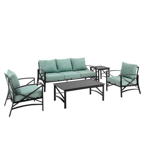 Afuera Living 5-Piece Outdoor Sofa Set, Steel Metal, Mist Green/Oil Rubbed Bronze Finish, Weatherproof Solution-Dyed Cushions, Slatted Tables, Seating for 5, Patio Furniture for Garden or Deck