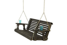 Amish Casual Heavy Duty 700 Lb Capacity Porch Swing with Cup Holders (4 Foot, Semi-Solid Black Stain) – Wooden Outdoor Roll Back Swing with Hanging Chains – Amish Made in the USA