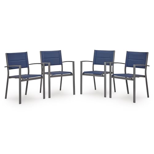 Signature Design by Ashley Point Bonita Set of 4 Outdoor Chairs with Padded Sling Seat, Stackable Aluminum Lounge Chairs for Patio and Porch Seating, Gray Frame with Blue Sling