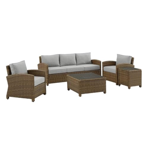 Afuera Living Modern 5Pc Outdoor Fabric Sofa Set, Gray Cushion Covers, Weathered Brown Resin Wicker, Tempered Glass Tables, UV & Weather Resistant, Steel Frame Patio Seating for 5