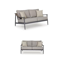 Signature Design by Ashley North Island Outdoor Loveseat, Powder-Coated Aluminum Frame, UV-Resistant Nuvella Fabric Cushions, Contemporary Porch and Patio Seating, Gray/Wood Tones