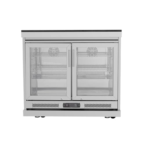 Double Door Outdoor Kitchen Island Cabinet Undercounter Beverage Refrigerator Granite Countertop Cooler Caster Wheels Adjustable Shelves Digital Temperature Display Stainless Steel Bar (Silver)