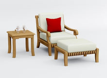 WholesaleTeakFurniture Giva 3 Piece Teak Wood Lounge Chair Set: Lounge Chair, Ottoman & Side Table with Cushions in Outdoor Sunbrella Fabric #5404 Canvas Natural