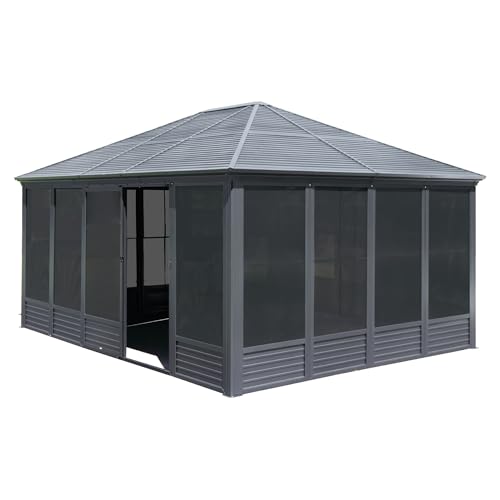 DuraYu 13'(W) x 16.5'(L) Outdoor Sunroom Aluminum Hardtop Gazebo with Galvanized Steel Roof, PVC Screen Walls and Sliding Doors, Gray