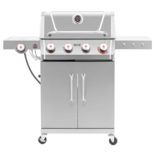 Feasto 4-Burner Propane Gas Grill w/Sear & Side Burner, Cabinet Storage